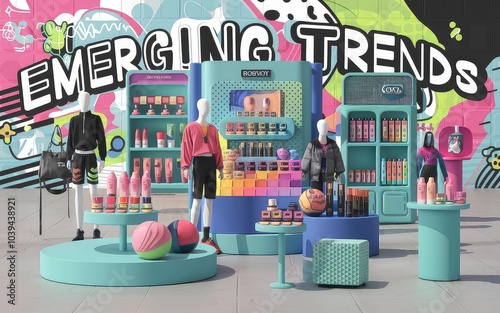 A vibrant retail display featuring mannequins, colorful products, and a trendy mural, showcasing the latest fashion and lifestyle trends.