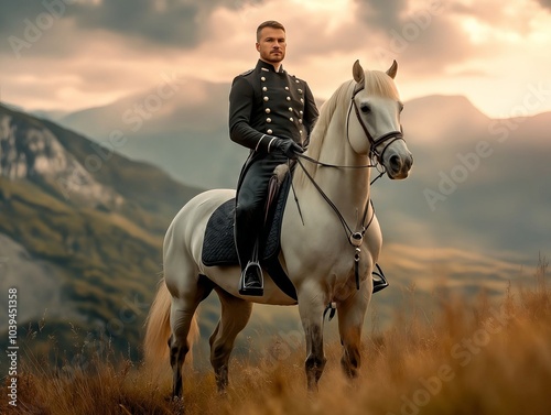 A man in a military uniform riding a white horse in a field