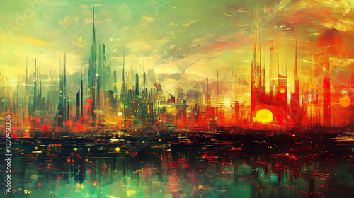 A vibrant city skyline shines brightly, layered with a dreamy, abstract background. This digital art imagines a futuristic world, blending real and virtual spaces.