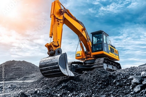 Coal mining in an open pit. Mining excavator loads coal in haul truck in quarry. Excavator digging in an open pit coal mine. Tipper truck hauling minerals from open-pit. Heavy machinery in opencast.