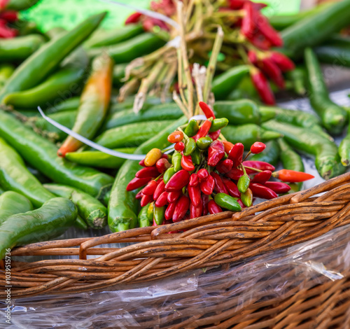 Pile of red spicy chili peppers at fresh market