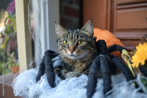 A tabby cat sporting a spider leg costume sits amidst festive Halloween decorations, including a pumpkin, fake webs, and colorful autumn flowers near the window.