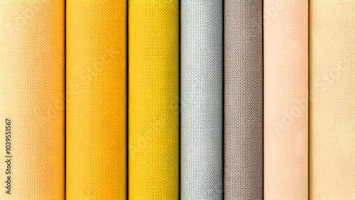 Colorful Linen Fabric Array, malkreide, background with vertical ocher color lines, like a curtain, Samples of colored gabardine fabrics in selective focus. A large assortment of high-quality.