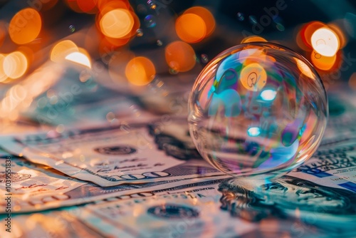 Soap bubble bursting amidst flying dollars symbolizing economic default and global financial crisis