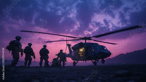 A group of soldiers stand in silhouette against a dramatic purple sunset sky, with a military helicopter in the background.