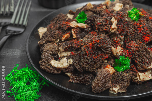 Raw black morel mushrooms with fresh parsley. Vegan ingredient for cooking healthy food