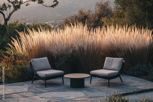 An inviting patio setup featuring two plush chairs and a sleek table, framed by tall ornamental grasses, offering a serene view and cozy relaxation spot.