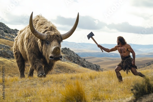 In a dramatic scene, a barbaric man wields an axe facing a towering mammoth amidst rocky hills, depicting the epic struggle between man and beast in ancient times.