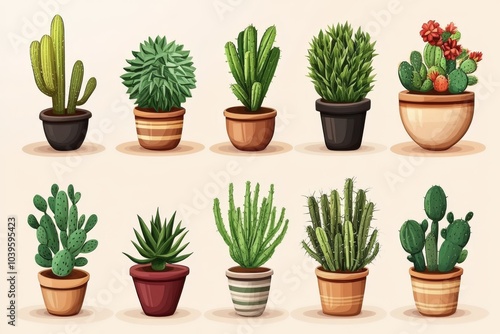 Collection of potted cacti in various shapes and sizes symbolizing desert plants drought tolerant gardening and minimalist home decor