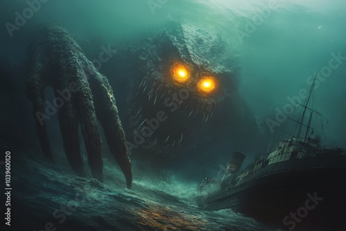 An enormous sea monster with fiery glowing eyes surfaces amid turbulent waters as it approaches a distant ship, epitomizing fear and the unknown at sea.