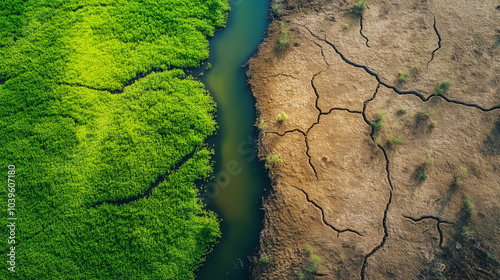  Dynamiczna kompozycja ukazuje proces zmiany klimatu: z surowego, wysuszonego terenu, gdzie brakuje życia, do zielonych przestrzeni pełnych roślinności i zwierząt.