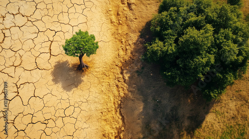  Dynamiczna kompozycja ukazuje proces zmiany klimatu: z surowego, wysuszonego terenu, gdzie brakuje życia, do zielonych przestrzeni pełnych roślinności i zwierząt.