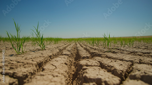  Dynamiczna kompozycja ukazuje proces zmiany klimatu: z surowego, wysuszonego terenu, gdzie brakuje życia, do zielonych przestrzeni pełnych roślinności i zwierząt.