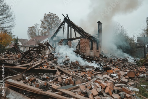 Amidst a devastated neighborhood, smoke rises above what were once homes, now reduced to ruinous piles of bricks and debris, set against an empty, gray sky.