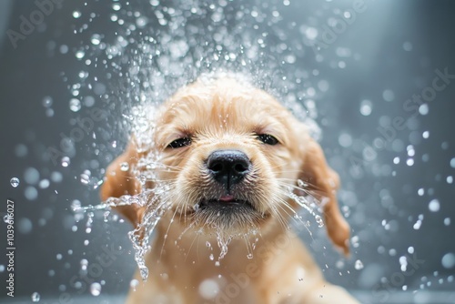 A close-up of a golden retriever puppy playfully enjoying a bath, as water splashes around, capturing a joyful and carefree moment of animal happiness.