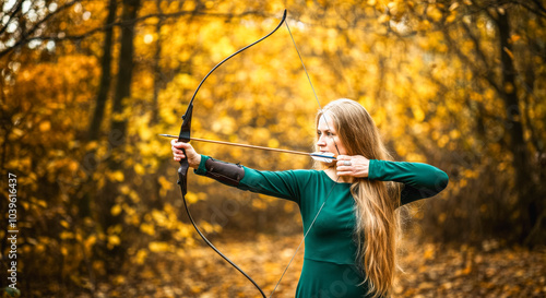 Autumn archery practice: woman with bow in forest setting