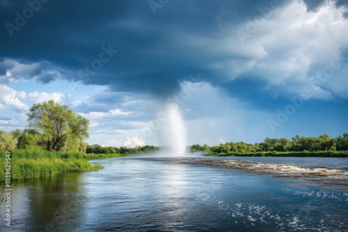 A mesmerizing waterspout emerges under a bright sky over a wide river, juxtaposing the peaceful waters with the dynamic swirl of nature's raw power and beauty.