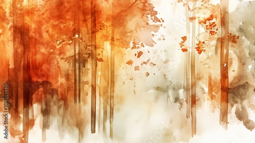 Abstract watercolor painting of a forest with brown and orange trees.