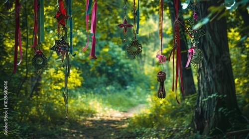 A sacred grove decorated for a Wiccan Sabbat, with hanging charms, ribbons,...