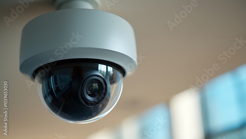 Closeup of white dome type cctv digital security camera installed on ceiling for observation.