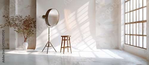 Photo studio setup for a fashion shoot featuring a beauty dish modifier and a light dome softbox on a white cyclorama backdrop with a wooden stool for posing surrounded by copy space image