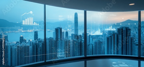 Panoramic view of a cityscape with skyscrapers, a bay, and a bright blue sky. There are translucent charts and graphs superimposed on the view.