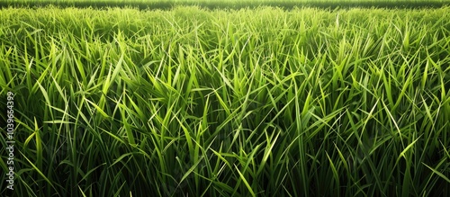 Green rice seeds growing in the fields with an empty area for additional image information