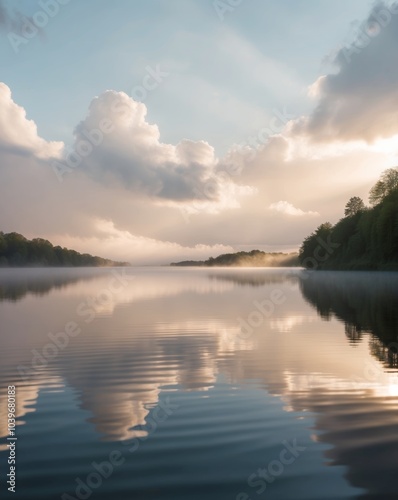 Symmetrical Reflection of Lake with Clouds and Sunlight.