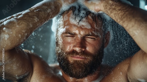 A close-up portrait of a man with a focused expression as he vigorously rinses shampoo from his hair under a powerful stream of water in a modern shower setting.