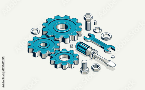 Mechanical engineering concept, gears and tools in 3D isometric projection vector illustration, cogwheels and cogs system technology and technics work in progress.