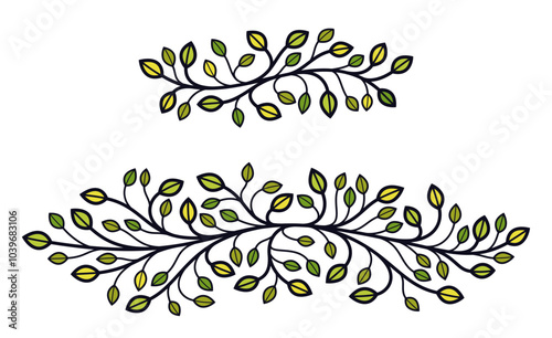 Floral vector design with leaves and branches isolated over white, classical elegant fashion style banner or text divider for design, luxury vintage linear emblem or frame element.