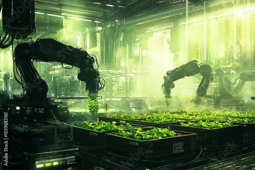 Animated rendering of robotic arms planting and picking food in a dystopian future