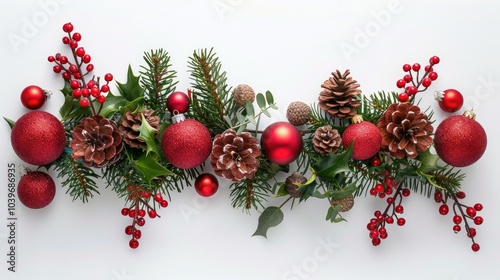 Christmas arrangement with red bauble decorations holly mistletoe ivy acorns and cedar cypress on white background Xmas and New Year decorative display Flat lay top view copy space