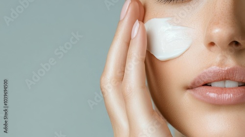 A person's hand applying a creamy moisturizer on smooth facial skin, emphasizing skincare routine and the pursuit of soft, healthy, and hydrated complexion.