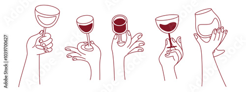 Vector simple minimal linear style illustration with cartoon hands holding wine glasses, celebration and party vibe, invitation design element, banner, template