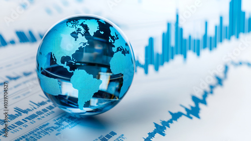 A glass globe with the world inside, placed on top of an abstract stock market graph in blue tones The background is white and features a line chart going up 