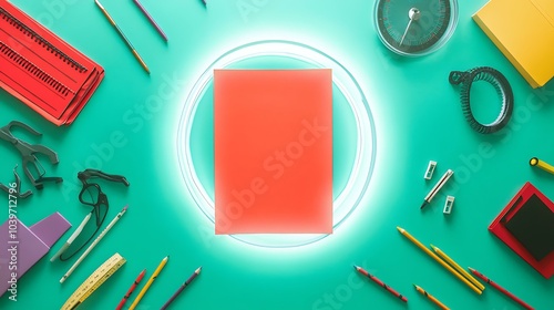 A flat lay of multicolored educational tools such as protractors, glue sticks, crayons, and folders surrounding an empty space in the center on a solid bright surface