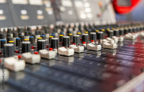 Close-up photo of vintage audio mixer