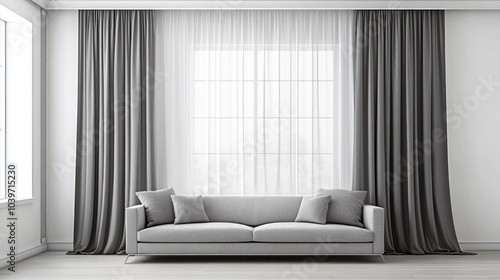 A gray sofa with pillows sits in front of a large window with gray curtains and white sheer curtains in a minimalist living room.