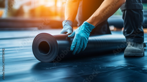 Gloved hands examining a rolled-out section of EPDM rubber roofing material, emphasizing its smooth texture and long-lasting durability in roofing applications.