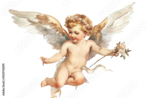 Cherubic angel holding floral garland