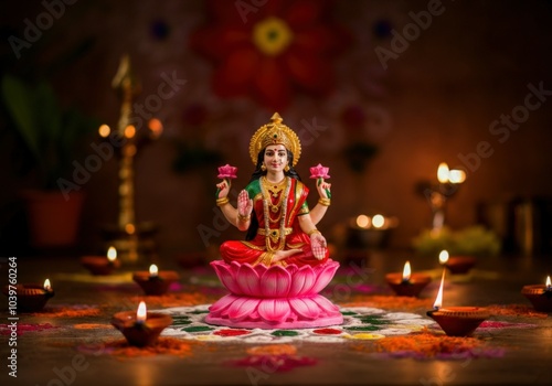 Beautiful clay idol of hindu goddess lakshmi sitting on lotus flower surrounded by diya lamps for diwali celebration