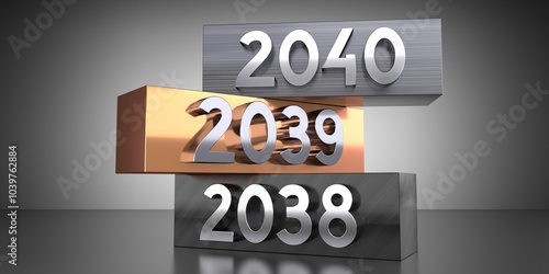 2040, 2039, 2038 - words on metal blocks - 3D illustration