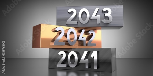 2043, 2042, 2041 - words on metal blocks - 3D illustration