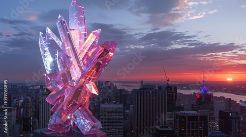 A large, abstract sculpture of pink and blue glass shards stands tall against a skyline at sunset.