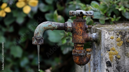 Outdoor Faucet Dripping Rusty Water from Old Metal Tap