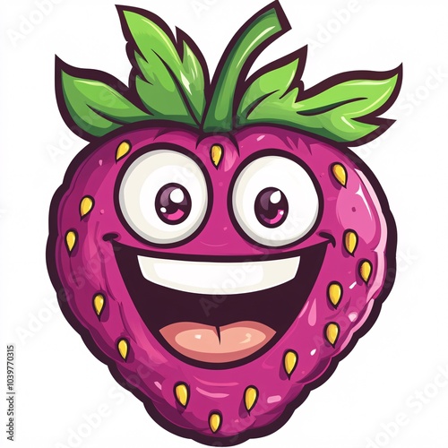 A cartoon dewberry with a joyful grin