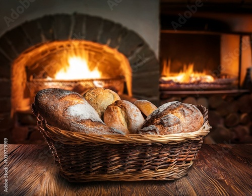 Barras de pan rustico en una cesta de mimbre grande, en una mesa de madera rustica