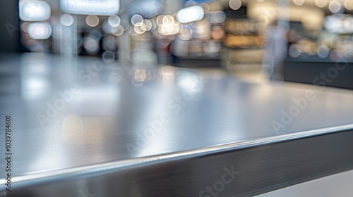 Modern blurred indoor cafe scene with steel tabletop and soft bokeh lighting.