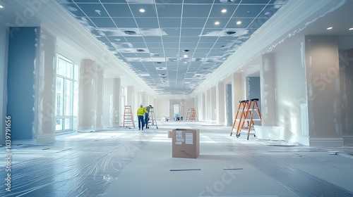 A spacious, empty office being renovated, with workers painting the walls and replacing ceiling panels, set for a complete transformation 